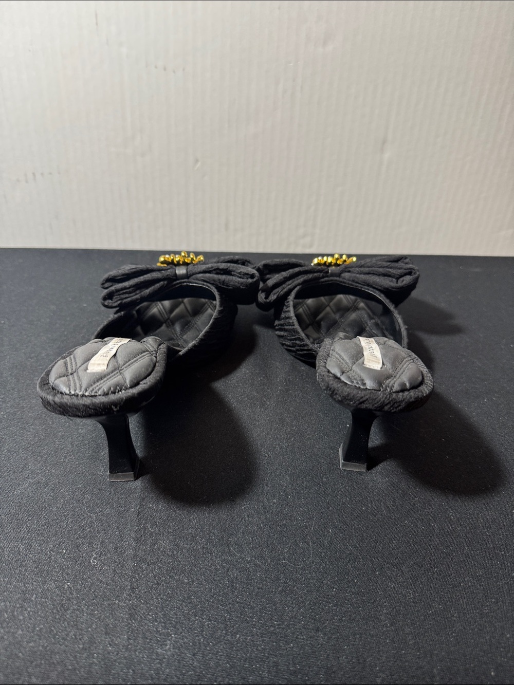 Gianni Bini Black Bow Slide Heels with Gold Embellishment - Picture 4 of 5
